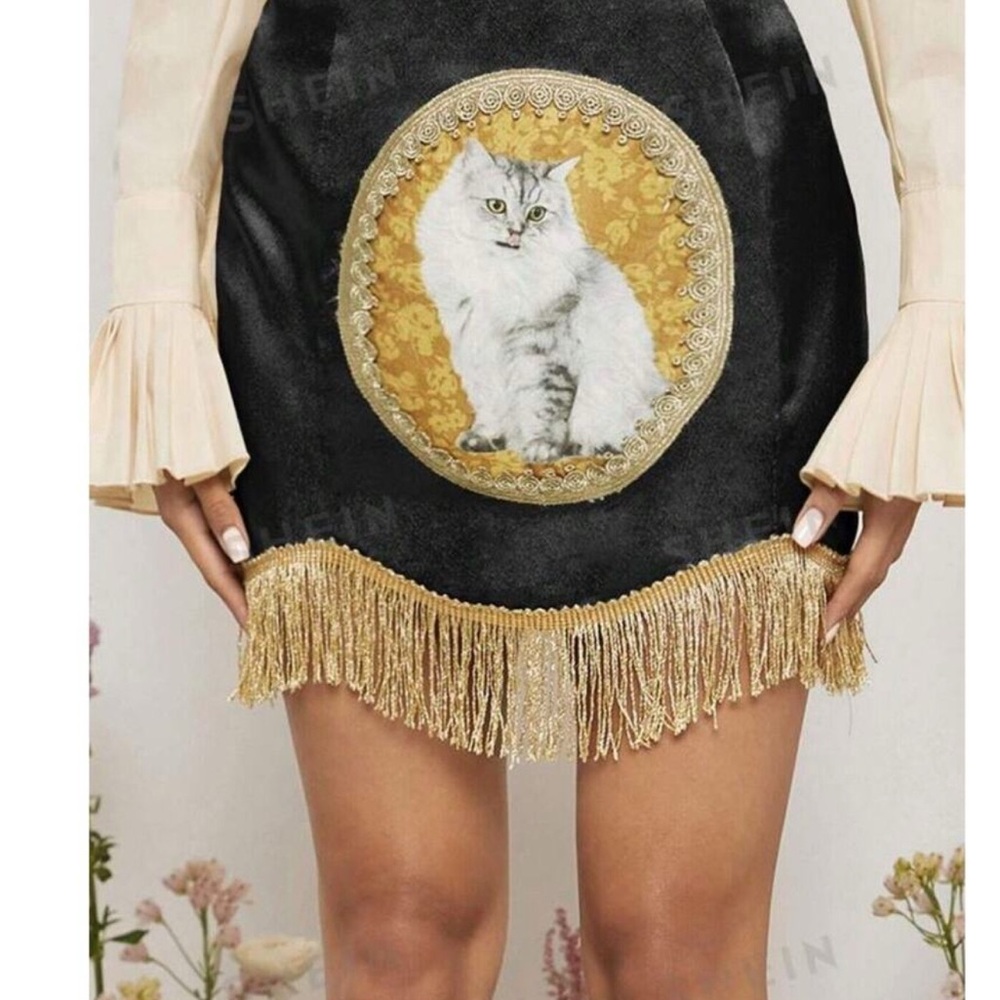 Black and Gold Cat Embroidered Skirt